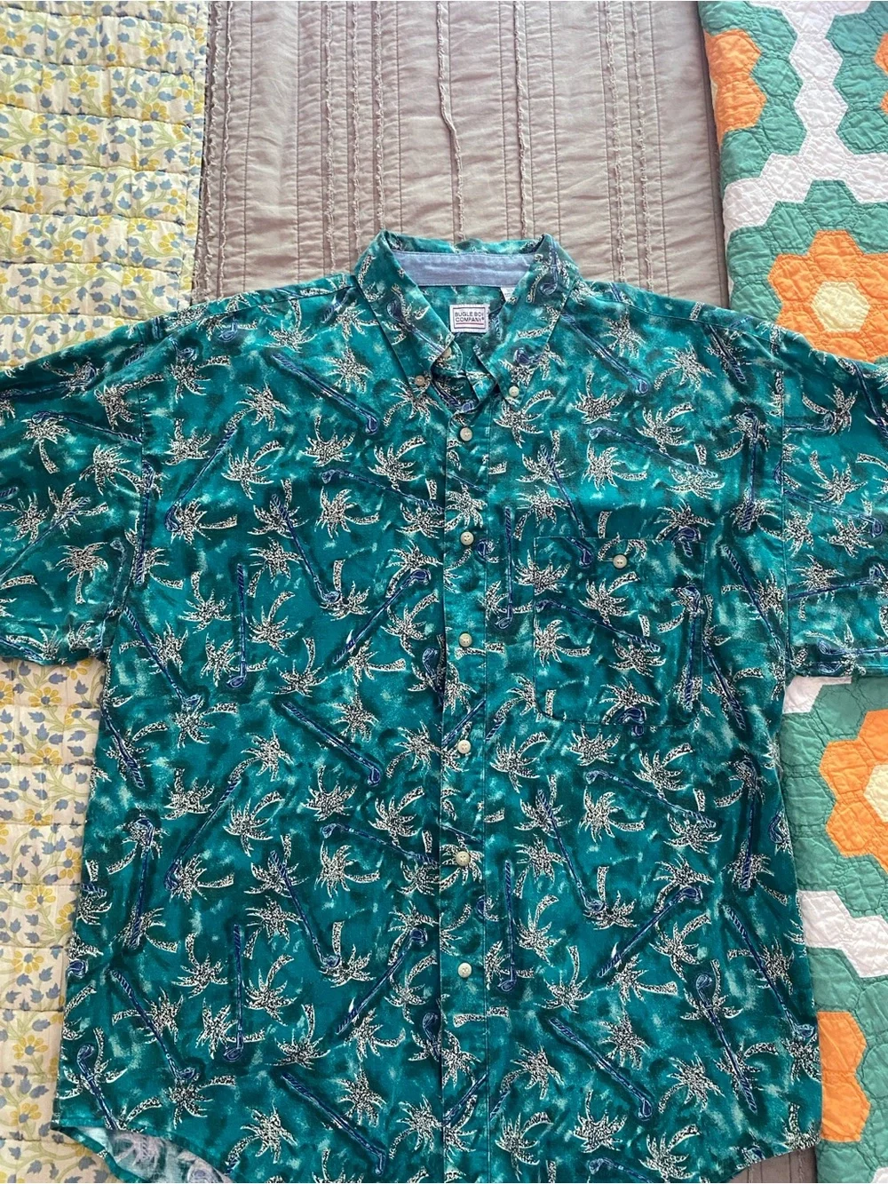 Vintage Bugle Boy Men's Teal Tropical Short-Sleeve Button-Up Shirt - size XL - Picture 8 of 11